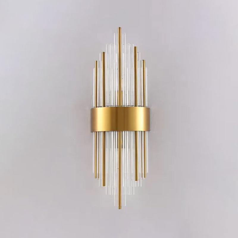Cylinder/Tapered Wall Light Fixture Postmodern Prismatic/Fluted Crystal 2-Light Living Room Flush Mount Wall Sconce in Gold Clearhalo 'Cast Iron' 'Glass' 'Industrial' 'Modern wall lights' 'Modern' 'Tiffany' 'Traditional wall lights' 'Wall Lamps & Sconces' 'Wall Lights' Lighting' 1986283