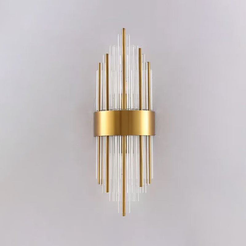 Cylinder/Tapered Wall Light Fixture Postmodern Prismatic/Fluted Crystal 2-Light Living Room Flush Mount Wall Sconce in Gold Clearhalo 'Cast Iron' 'Glass' 'Industrial' 'Modern wall lights' 'Modern' 'Tiffany' 'Traditional wall lights' 'Wall Lamps & Sconces' 'Wall Lights' Lighting' 1986283