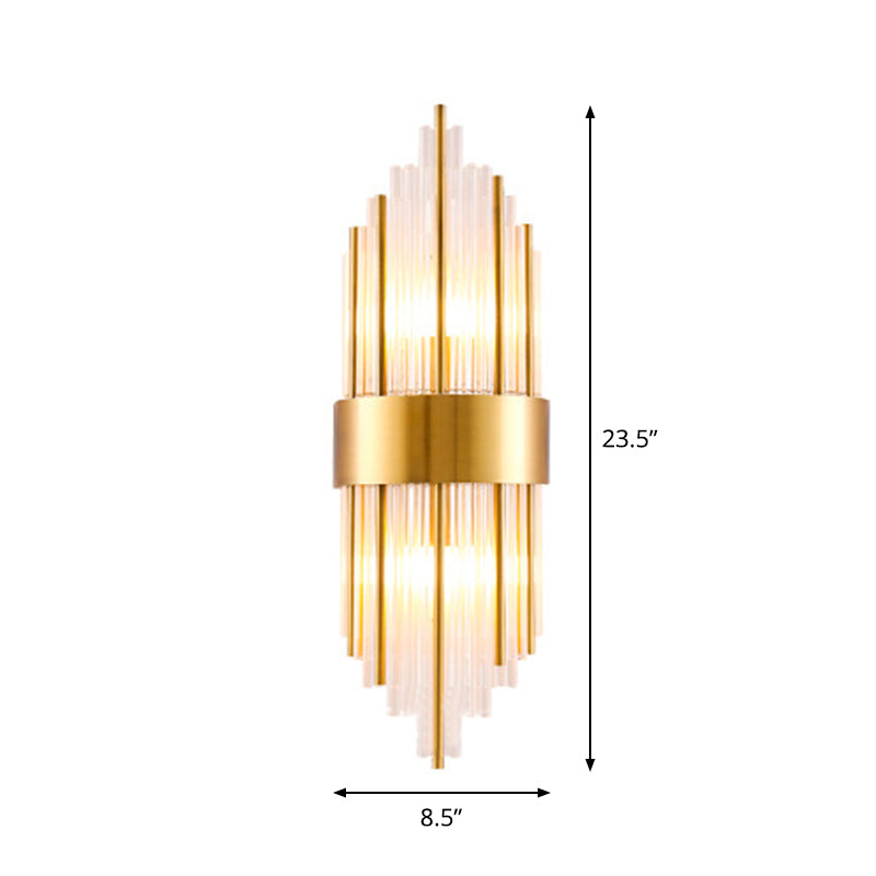Cylinder/Tapered Wall Light Fixture Postmodern Prismatic/Fluted Crystal 2-Light Living Room Flush Mount Wall Sconce in Gold Clearhalo 'Cast Iron' 'Glass' 'Industrial' 'Modern wall lights' 'Modern' 'Tiffany' 'Traditional wall lights' 'Wall Lamps & Sconces' 'Wall Lights' Lighting' 1986284
