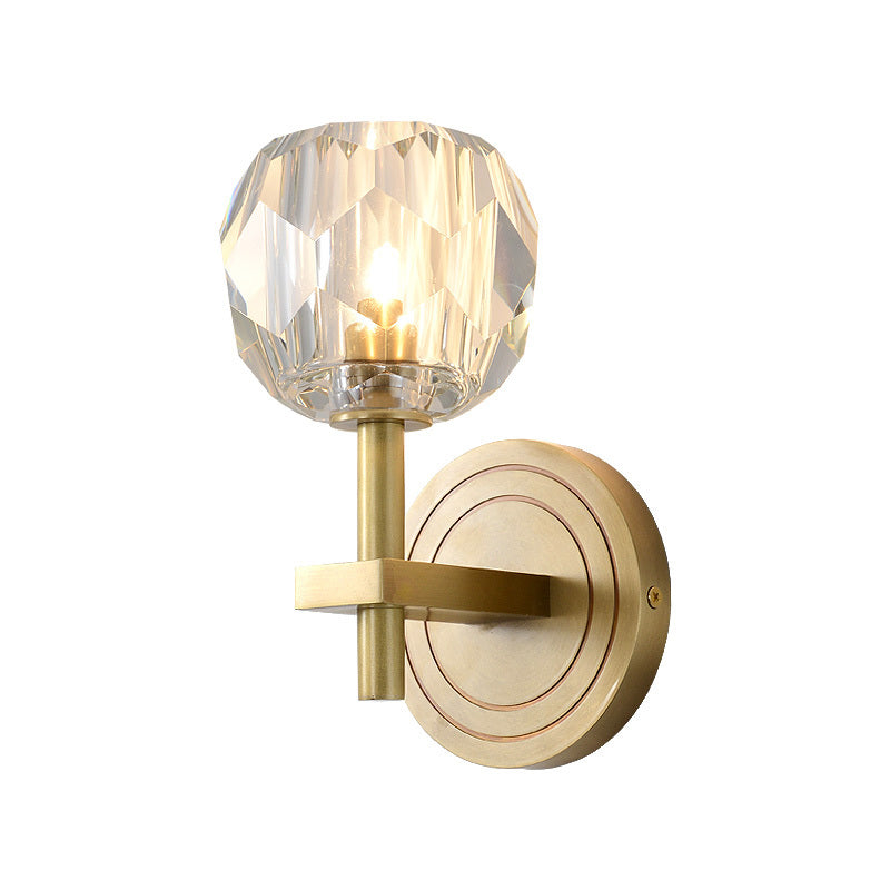 Cylinder/Ball Shaped Sconce Lamp Postmodern Water Glass/Cut Crystal 1 Bulb Gold Wall Mounted Light for Living Room Clearhalo 'Cast Iron' 'Glass' 'Industrial' 'Modern wall lights' 'Modern' 'Tiffany' 'Traditional wall lights' 'Wall Lamps & Sconces' 'Wall Lights' Lighting' 1986287