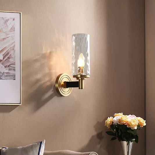 Cylinder/Ball Shaped Sconce Lamp Postmodern Water Glass/Cut Crystal 1 Bulb Gold Wall Mounted Light for Living Room Gold B Clearhalo 'Cast Iron' 'Glass' 'Industrial' 'Modern wall lights' 'Modern' 'Tiffany' 'Traditional wall lights' 'Wall Lamps & Sconces' 'Wall Lights' Lighting' 1986290