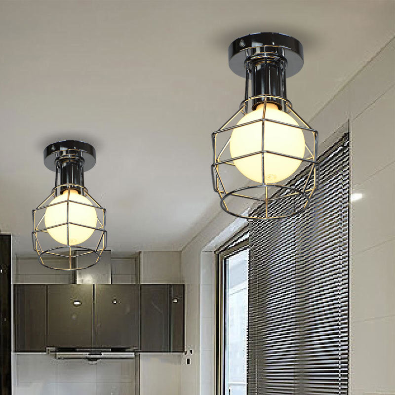 Antique Stylish Wire Guard Semi Mount Lighting 1 Head Wrought Iron Mini Ceiling Light in White/Gold for Corridor Clearhalo 'Ceiling Lights' 'Close To Ceiling Lights' 'Close to ceiling' 'Semi-flushmount' Lighting' 19863