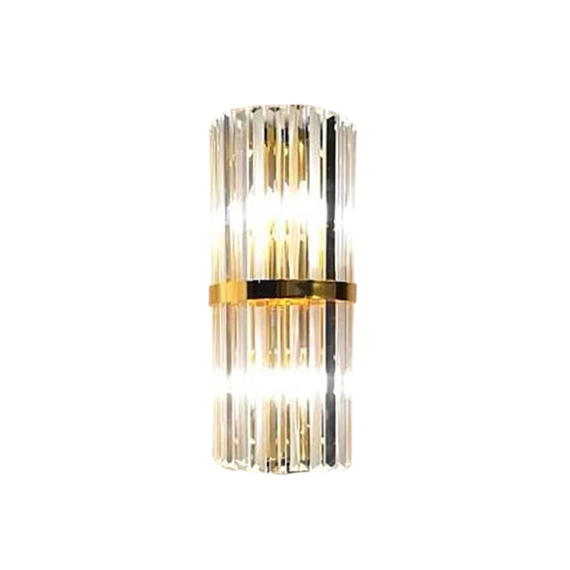 1/2/3-Bulb Living Room Wall Sconce Modern Gold Wall Lamp Fixture with Flute/3-Tier/Cylinder Crystal Shade Clearhalo 'Cast Iron' 'Glass' 'Industrial' 'Modern wall lights' 'Modern' 'Tiffany' 'Traditional wall lights' 'Wall Lamps & Sconces' 'Wall Lights' Lighting' 1986300