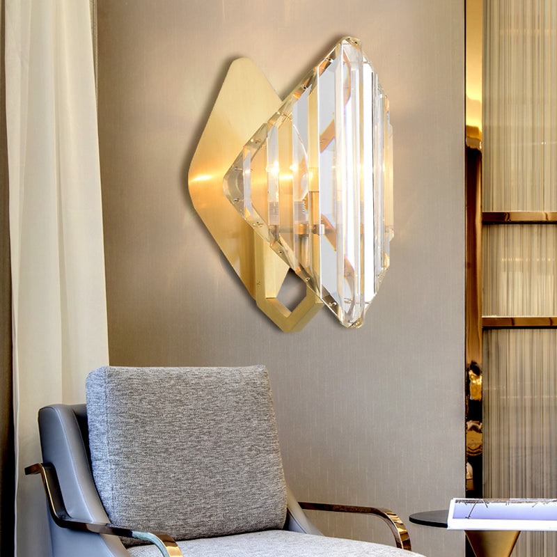 Crystal Rhombus Wall Mount Lamp Post-Modern 1/2-Bulb Wall Lighting Fixture in Gold Clearhalo 'Modern wall lights' 'Modern' 'Wall Lamps & Sconces' 'Wall Lights' Lighting' 1986328