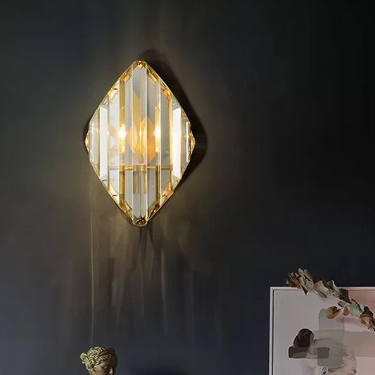 Crystal Rhombus Wall Mount Lamp Post-Modern 1/2-Bulb Wall Lighting Fixture in Gold Clearhalo 'Modern wall lights' 'Modern' 'Wall Lamps & Sconces' 'Wall Lights' Lighting' 1986329