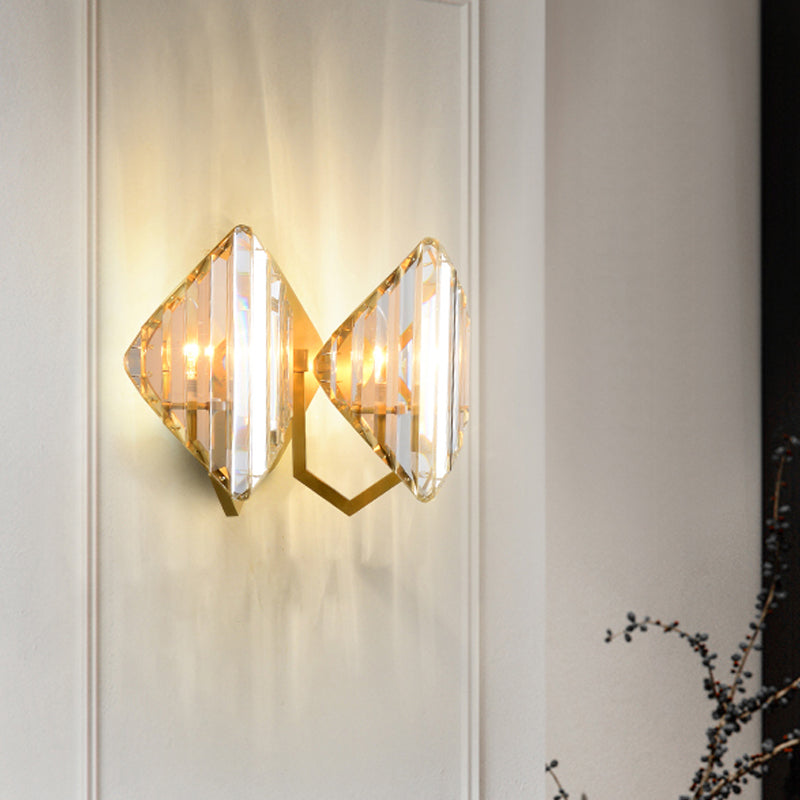 Crystal Rhombus Wall Mount Lamp Post-Modern 1/2-Bulb Wall Lighting Fixture in Gold 2.0 Gold Clearhalo 'Modern wall lights' 'Modern' 'Wall Lamps & Sconces' 'Wall Lights' Lighting' 1986333