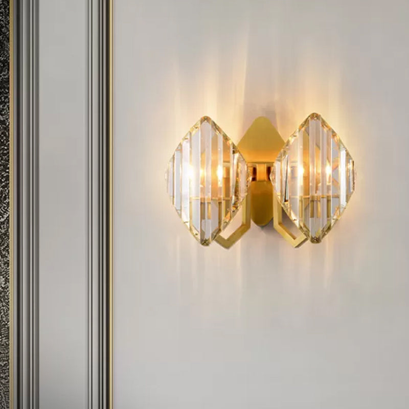 Crystal Rhombus Wall Mount Lamp Post-Modern 1/2-Bulb Wall Lighting Fixture in Gold Clearhalo 'Modern wall lights' 'Modern' 'Wall Lamps & Sconces' 'Wall Lights' Lighting' 1986334