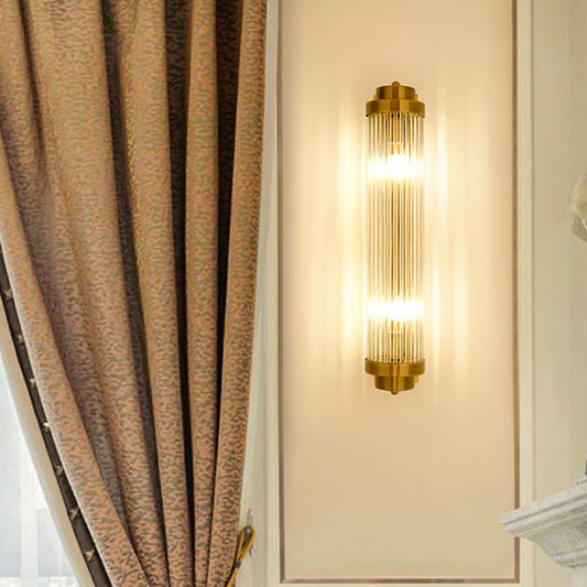 Tubular Living Room Wall Sconce Clear Fluted Glass 2 Lights Postmodern Wall Light in Gold Gold Clearhalo 'Modern wall lights' 'Modern' 'Wall Lamps & Sconces' 'Wall Lights' Lighting' 1986338
