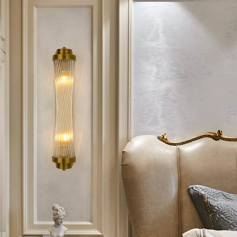 Tubular Living Room Wall Sconce Clear Fluted Glass 2 Lights Postmodern Wall Light in Gold Clearhalo 'Modern wall lights' 'Modern' 'Wall Lamps & Sconces' 'Wall Lights' Lighting' 1986339