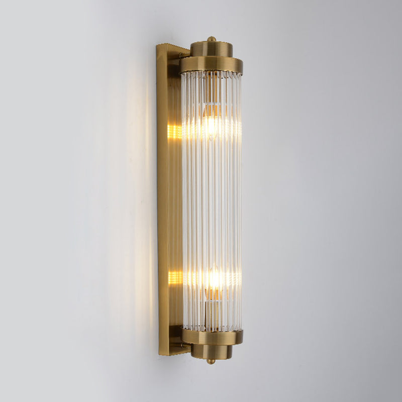 Tubular Living Room Wall Sconce Clear Fluted Glass 2 Lights Postmodern Wall Light in Gold Clearhalo 'Modern wall lights' 'Modern' 'Wall Lamps & Sconces' 'Wall Lights' Lighting' 1986341
