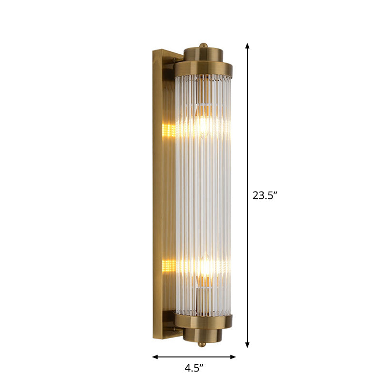 Tubular Living Room Wall Sconce Clear Fluted Glass 2 Lights Postmodern Wall Light in Gold Clearhalo 'Modern wall lights' 'Modern' 'Wall Lamps & Sconces' 'Wall Lights' Lighting' 1986342