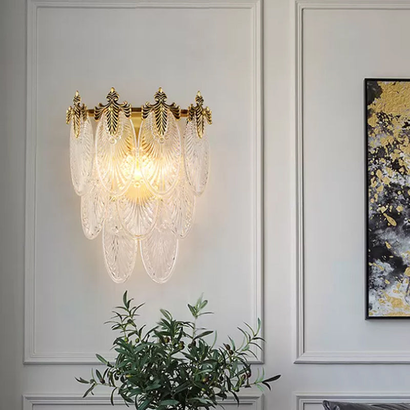 Layered Wall Mounted Lamp Postmodern Carved Oval Glass 2-Bulb Gold Sconce Light Fixture Gold Clearhalo 'Modern wall lights' 'Modern' 'Wall Lamps & Sconces' 'Wall Lights' Lighting' 1986359