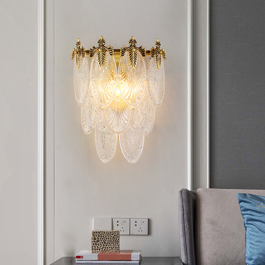 Layered Wall Mounted Lamp Postmodern Carved Oval Glass 2-Bulb Gold Sconce Light Fixture Clearhalo 'Modern wall lights' 'Modern' 'Wall Lamps & Sconces' 'Wall Lights' Lighting' 1986360