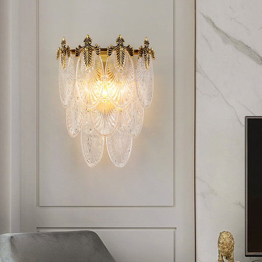 Layered Wall Mounted Lamp Postmodern Carved Oval Glass 2-Bulb Gold Sconce Light Fixture Clearhalo 'Modern wall lights' 'Modern' 'Wall Lamps & Sconces' 'Wall Lights' Lighting' 1986361