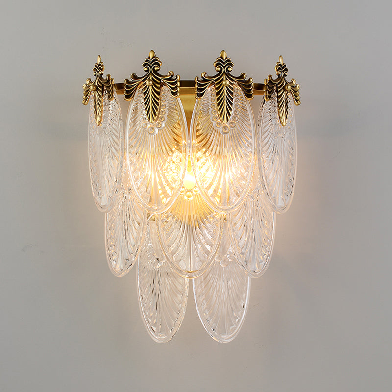 Layered Wall Mounted Lamp Postmodern Carved Oval Glass 2-Bulb Gold Sconce Light Fixture Clearhalo 'Modern wall lights' 'Modern' 'Wall Lamps & Sconces' 'Wall Lights' Lighting' 1986363