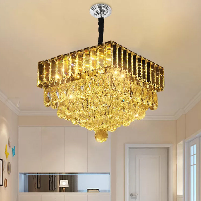 Stainless Steel Round/Square Tiers Pendant Modern Beveled Cut Crystal LED Hanging Light Fixture Stainless-Steel Square Plate Clearhalo 'Ceiling Lights' 'Modern Pendants' 'Modern' 'Pendant Lights' 'Pendants' Lighting' 1986371