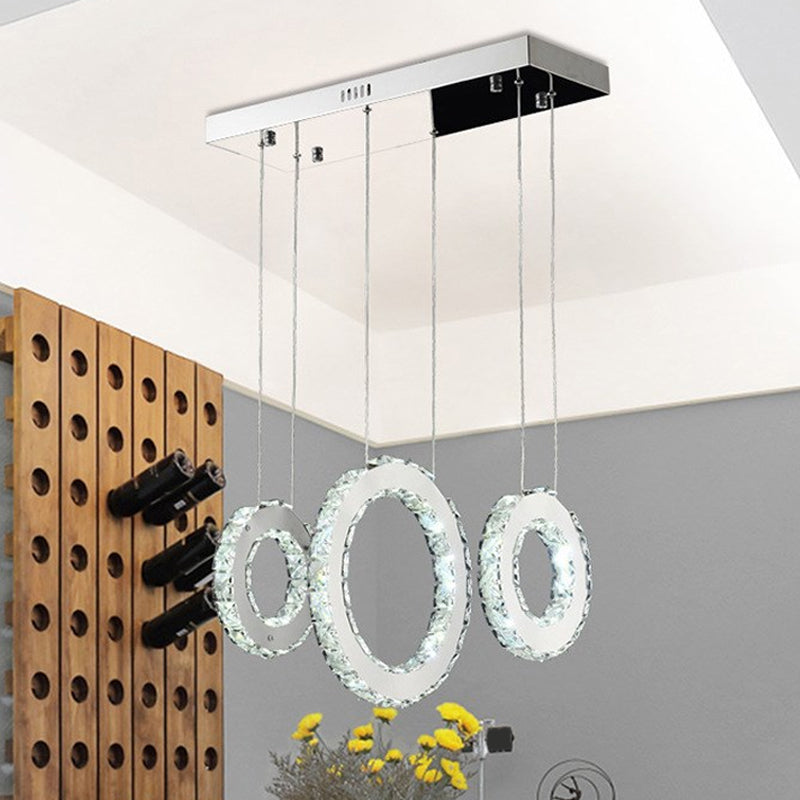 Circular Dining Room Cluster Pendant K9 Crystal 3/5 Lights Modern Style Hanging Lamp in Silver 3 Silver Clearhalo 'Ceiling Lights' 'Modern Pendants' 'Modern' 'Pendant Lights' 'Pendants' Lighting' 1986379