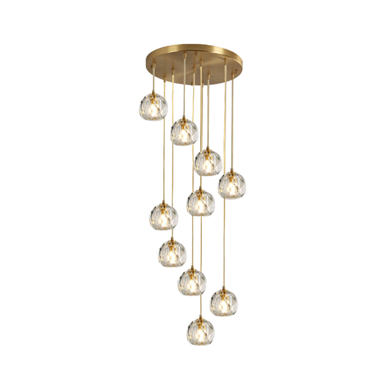 Faceted K9 Crystal Cluster Ball Pendant Stylish Modern 3/6/10-Bulb Brass Ceiling Hang Light for Living Room 10 Brass Clearhalo 'Ceiling Lights' 'Modern Pendants' 'Modern' 'Pendant Lights' 'Pendants' Lighting' 1986387