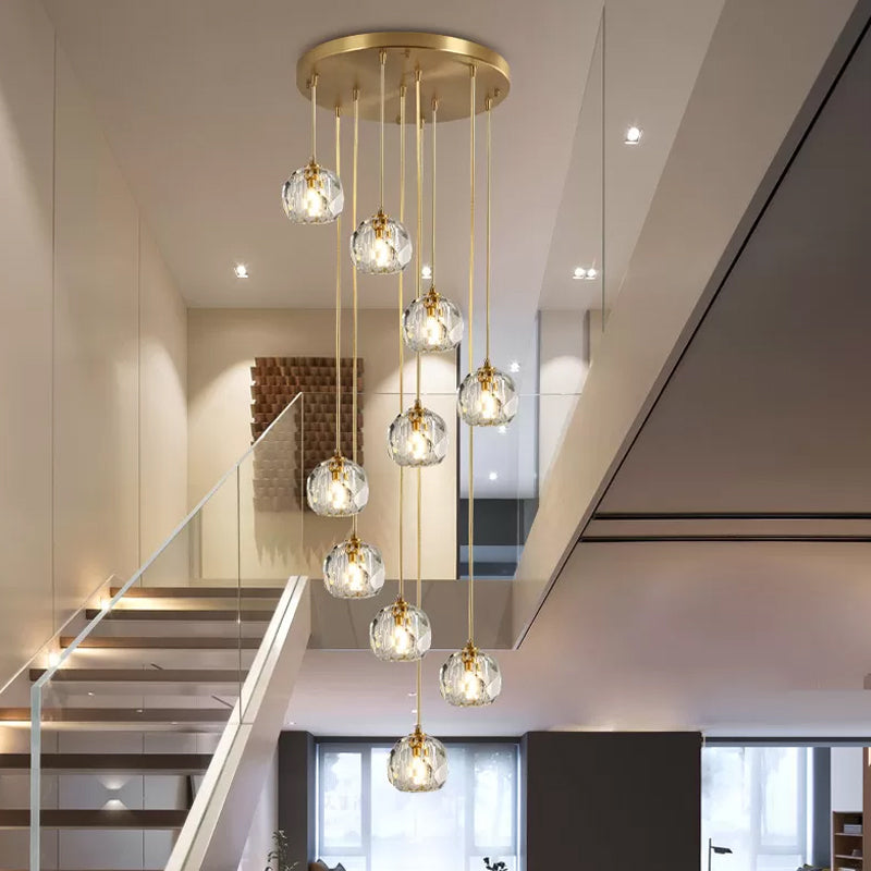 Faceted K9 Crystal Cluster Ball Pendant Stylish Modern 3/6/10-Bulb Brass Ceiling Hang Light for Living Room Clearhalo 'Ceiling Lights' 'Modern Pendants' 'Modern' 'Pendant Lights' 'Pendants' Lighting' 1986388