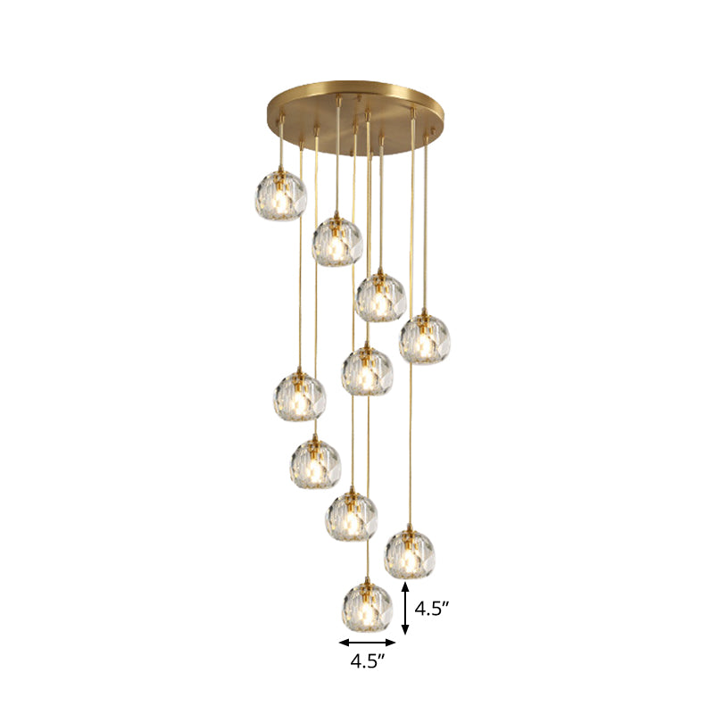 Faceted K9 Crystal Cluster Ball Pendant Stylish Modern 3/6/10-Bulb Brass Ceiling Hang Light for Living Room Clearhalo 'Ceiling Lights' 'Modern Pendants' 'Modern' 'Pendant Lights' 'Pendants' Lighting' 1986390