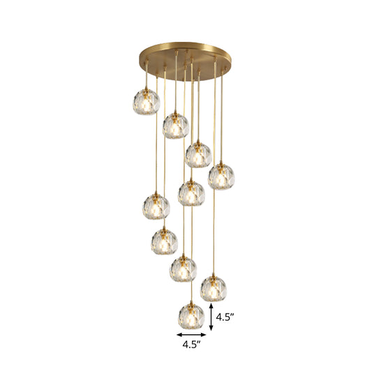 Faceted K9 Crystal Cluster Ball Pendant Stylish Modern 3/6/10-Bulb Brass Ceiling Hang Light for Living Room Clearhalo 'Ceiling Lights' 'Modern Pendants' 'Modern' 'Pendant Lights' 'Pendants' Lighting' 1986390