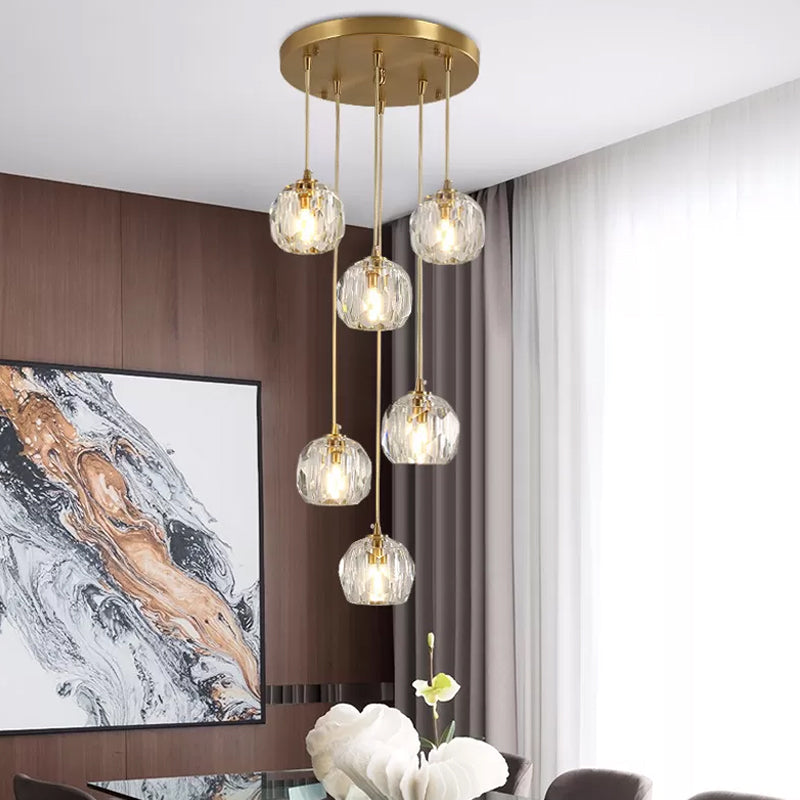 Faceted K9 Crystal Cluster Ball Pendant Stylish Modern 3/6/10-Bulb Brass Ceiling Hang Light for Living Room 6 Brass Clearhalo 'Ceiling Lights' 'Modern Pendants' 'Modern' 'Pendant Lights' 'Pendants' Lighting' 1986391
