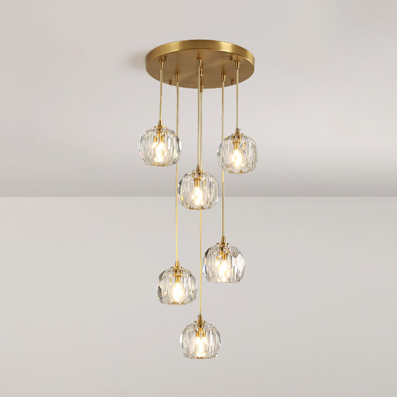 Faceted K9 Crystal Cluster Ball Pendant Stylish Modern 3/6/10-Bulb Brass Ceiling Hang Light for Living Room Clearhalo 'Ceiling Lights' 'Modern Pendants' 'Modern' 'Pendant Lights' 'Pendants' Lighting' 1986392
