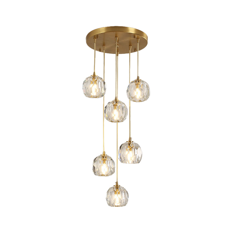Faceted K9 Crystal Cluster Ball Pendant Stylish Modern 3/6/10-Bulb Brass Ceiling Hang Light for Living Room Clearhalo 'Ceiling Lights' 'Modern Pendants' 'Modern' 'Pendant Lights' 'Pendants' Lighting' 1986393