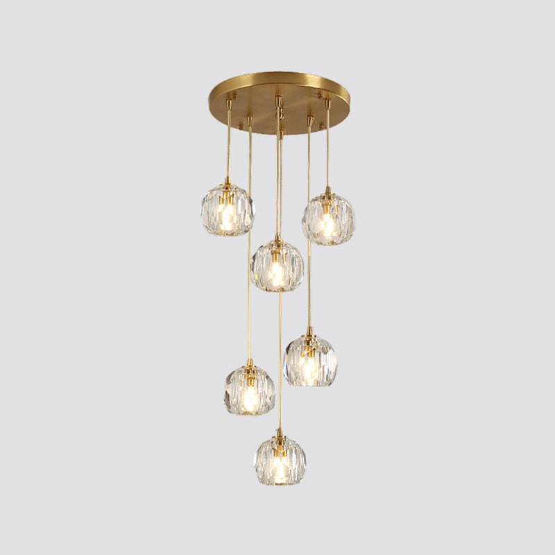 Faceted K9 Crystal Cluster Ball Pendant Stylish Modern 3/6/10-Bulb Brass Ceiling Hang Light for Living Room Clearhalo 'Ceiling Lights' 'Modern Pendants' 'Modern' 'Pendant Lights' 'Pendants' Lighting' 1986394