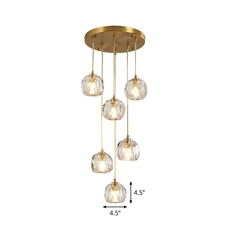Faceted K9 Crystal Cluster Ball Pendant Stylish Modern 3/6/10-Bulb Brass Ceiling Hang Light for Living Room Clearhalo 'Ceiling Lights' 'Modern Pendants' 'Modern' 'Pendant Lights' 'Pendants' Lighting' 1986395