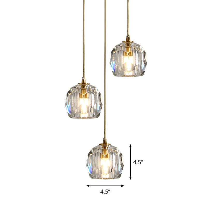 Faceted K9 Crystal Cluster Ball Pendant Stylish Modern 3/6/10-Bulb Brass Ceiling Hang Light for Living Room Clearhalo 'Ceiling Lights' 'Modern Pendants' 'Modern' 'Pendant Lights' 'Pendants' Lighting' 1986398