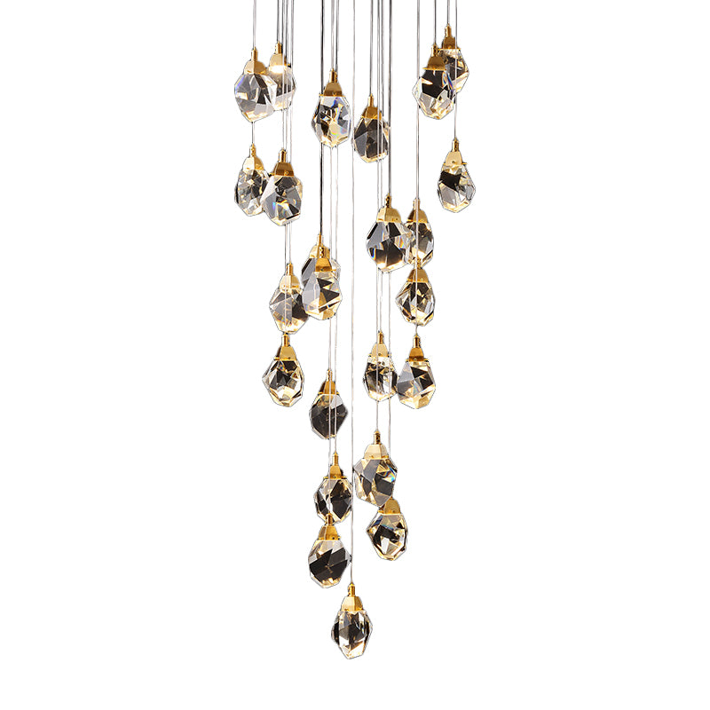 Raindrop Multiple Hanging Lamp Modern Crystal 3/5/24-Light Dining Room Pendant Light in Brass Clearhalo 'Ceiling Lights' 'Modern Pendants' 'Modern' 'Pendant Lights' 'Pendants' Lighting' 1986402