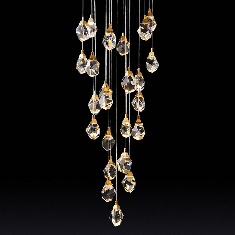Raindrop Multiple Hanging Lamp Modern Crystal 3/5/24-Light Dining Room Pendant Light in Brass Clearhalo 'Ceiling Lights' 'Modern Pendants' 'Modern' 'Pendant Lights' 'Pendants' Lighting' 1986403