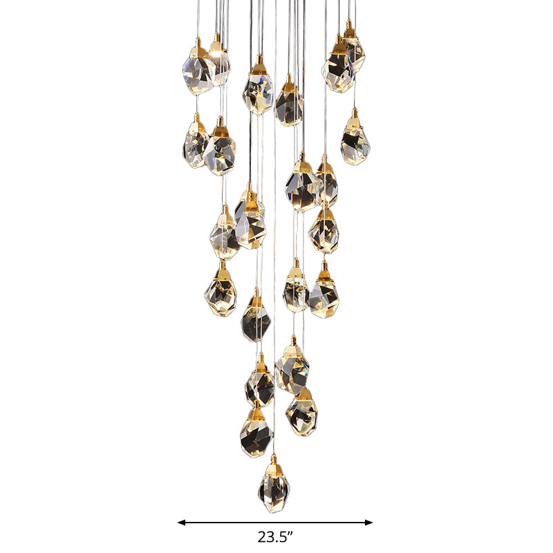 Raindrop Multiple Hanging Lamp Modern Crystal 3/5/24-Light Dining Room Pendant Light in Brass Clearhalo 'Ceiling Lights' 'Modern Pendants' 'Modern' 'Pendant Lights' 'Pendants' Lighting' 1986404