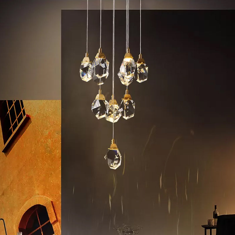 Raindrop Multiple Hanging Lamp Modern Crystal 3/5/24-Light Dining Room Pendant Light in Brass 10 Brass Clearhalo 'Ceiling Lights' 'Modern Pendants' 'Modern' 'Pendant Lights' 'Pendants' Lighting' 1986405