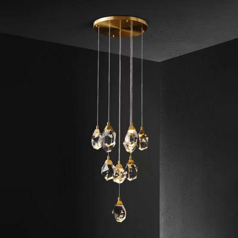 Raindrop Multiple Hanging Lamp Modern Crystal 3/5/24-Light Dining Room Pendant Light in Brass Clearhalo 'Ceiling Lights' 'Modern Pendants' 'Modern' 'Pendant Lights' 'Pendants' Lighting' 1986406