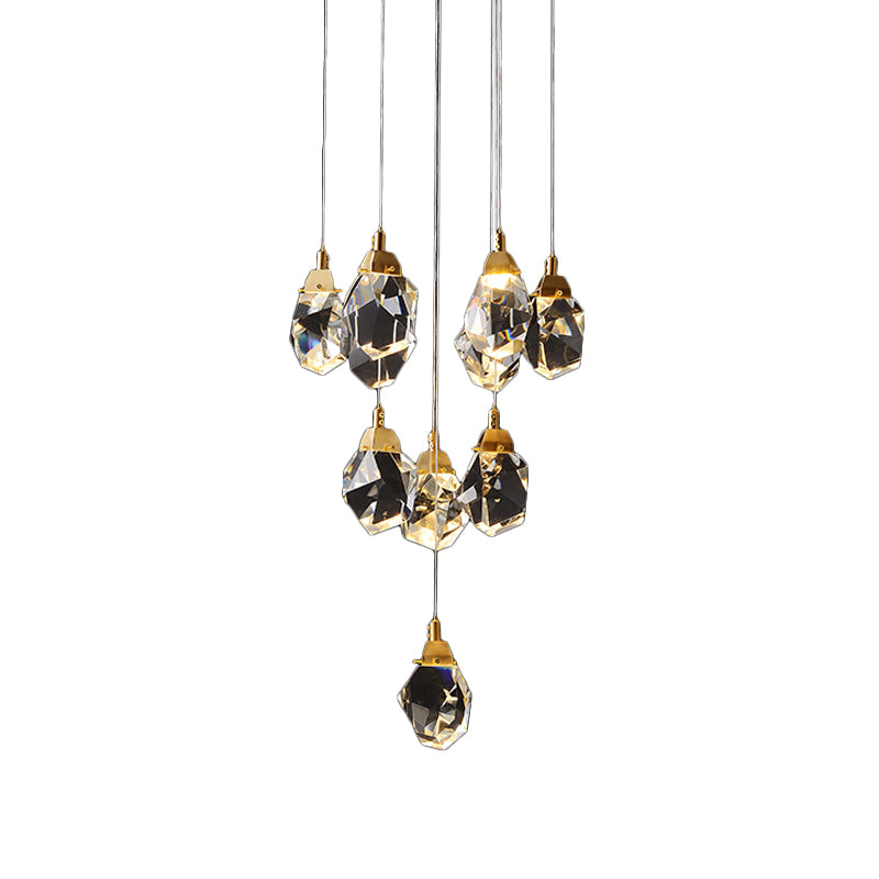 Raindrop Multiple Hanging Lamp Modern Crystal 3/5/24-Light Dining Room Pendant Light in Brass Clearhalo 'Ceiling Lights' 'Modern Pendants' 'Modern' 'Pendant Lights' 'Pendants' Lighting' 1986407