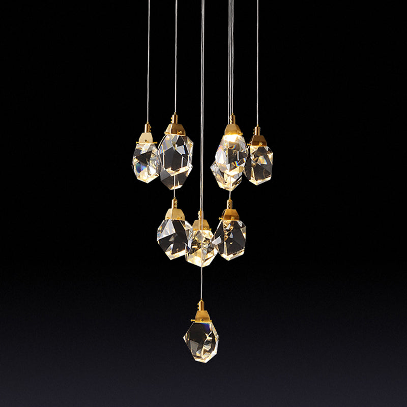 Raindrop Multiple Hanging Lamp Modern Crystal 3/5/24-Light Dining Room Pendant Light in Brass Clearhalo 'Ceiling Lights' 'Modern Pendants' 'Modern' 'Pendant Lights' 'Pendants' Lighting' 1986408