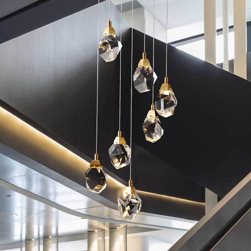 Raindrop Multiple Hanging Lamp Modern Crystal 3/5/24-Light Dining Room Pendant Light in Brass Clearhalo 'Ceiling Lights' 'Modern Pendants' 'Modern' 'Pendant Lights' 'Pendants' Lighting' 1986411