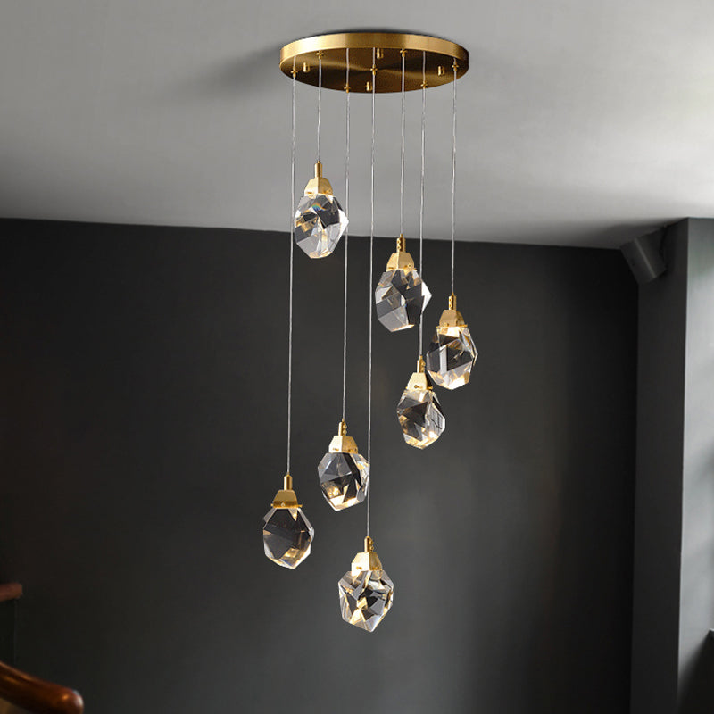 Raindrop Multiple Hanging Lamp Modern Crystal 3/5/24-Light Dining Room Pendant Light in Brass Clearhalo 'Ceiling Lights' 'Modern Pendants' 'Modern' 'Pendant Lights' 'Pendants' Lighting' 1986412