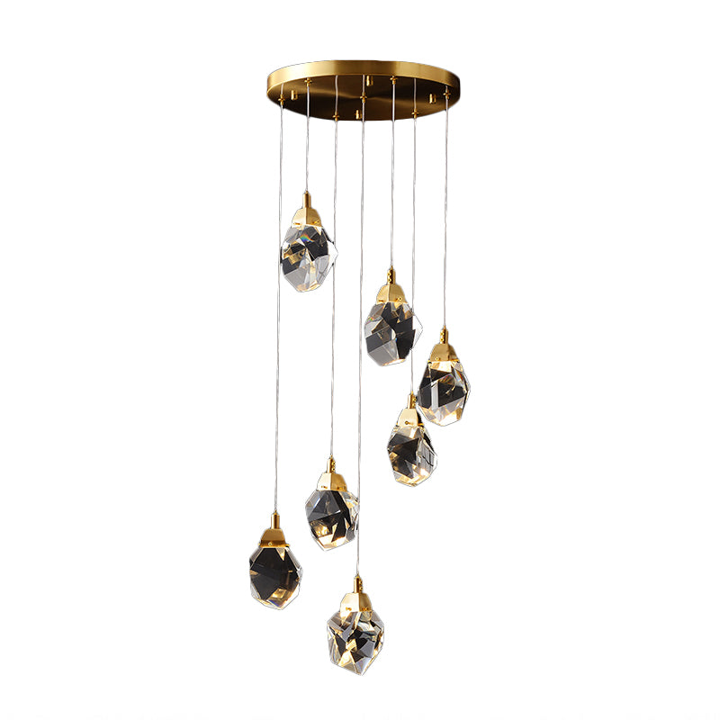 Raindrop Multiple Hanging Lamp Modern Crystal 3/5/24-Light Dining Room Pendant Light in Brass Clearhalo 'Ceiling Lights' 'Modern Pendants' 'Modern' 'Pendant Lights' 'Pendants' Lighting' 1986413