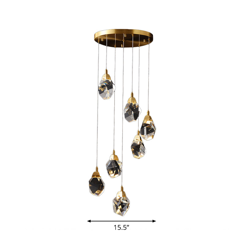 Raindrop Multiple Hanging Lamp Modern Crystal 3/5/24-Light Dining Room Pendant Light in Brass Clearhalo 'Ceiling Lights' 'Modern Pendants' 'Modern' 'Pendant Lights' 'Pendants' Lighting' 1986414