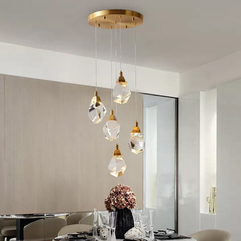 Raindrop Multiple Hanging Lamp Modern Crystal 3/5/24-Light Dining Room Pendant Light in Brass Clearhalo 'Ceiling Lights' 'Modern Pendants' 'Modern' 'Pendant Lights' 'Pendants' Lighting' 1986416
