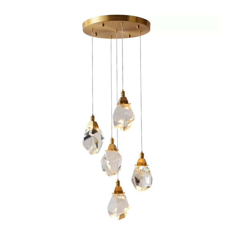 Raindrop Multiple Hanging Lamp Modern Crystal 3/5/24-Light Dining Room Pendant Light in Brass Clearhalo 'Ceiling Lights' 'Modern Pendants' 'Modern' 'Pendant Lights' 'Pendants' Lighting' 1986418