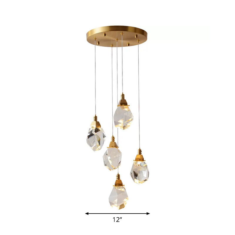 Raindrop Multiple Hanging Lamp Modern Crystal 3/5/24-Light Dining Room Pendant Light in Brass Clearhalo 'Ceiling Lights' 'Modern Pendants' 'Modern' 'Pendant Lights' 'Pendants' Lighting' 1986419