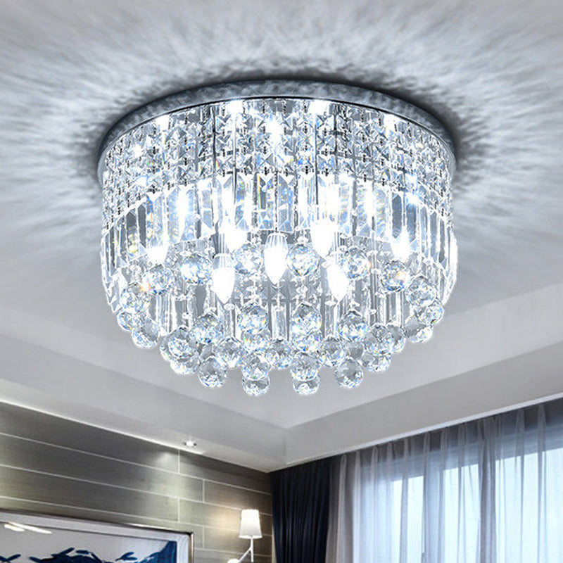 Nickel Round Flush Mount Light Modern 9-Bulb Clear Cut Crystal Ceiling Light Fixture Clearhalo 'Ceiling Lights' 'Close To Ceiling Lights' 'Close to ceiling' 'Flush mount' Lighting' 1986439