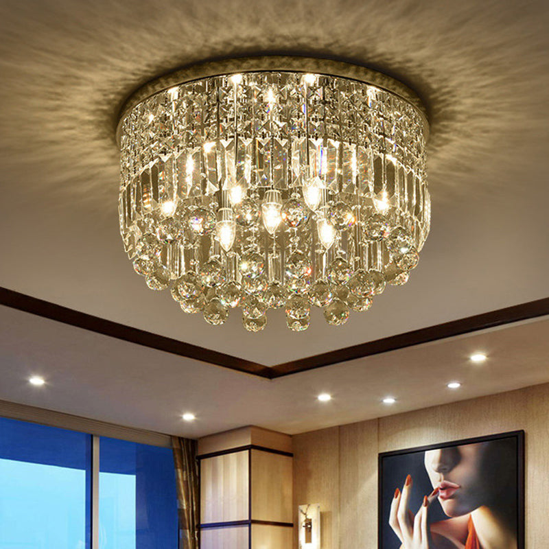 Nickel Round Flush Mount Light Modern 9-Bulb Clear Cut Crystal Ceiling Light Fixture Clearhalo 'Ceiling Lights' 'Close To Ceiling Lights' 'Close to ceiling' 'Flush mount' Lighting' 1986440