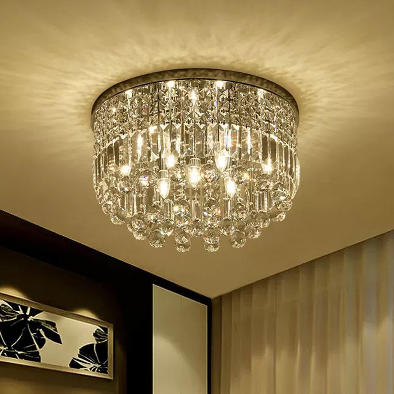 Nickel Round Flush Mount Light Modern 9-Bulb Clear Cut Crystal Ceiling Light Fixture Clearhalo 'Ceiling Lights' 'Close To Ceiling Lights' 'Close to ceiling' 'Flush mount' Lighting' 1986441