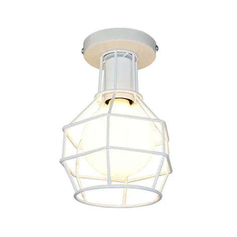 Antique Stylish Wire Guard Semi Mount Lighting 1 Head Wrought Iron Mini Ceiling Light in White/Gold for Corridor White Clearhalo 'Ceiling Lights' 'Close To Ceiling Lights' 'Close to ceiling' 'Semi-flushmount' Lighting' 19865