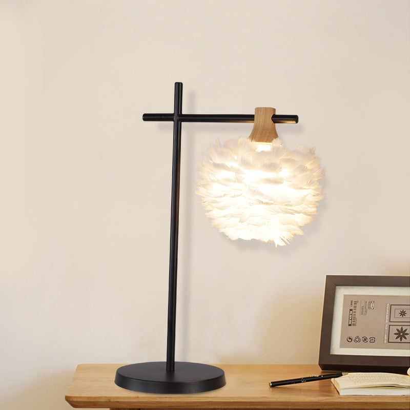 Nordic Mini Globe Night Light Feather 1-Light Bedroom Table Lamp with Cross Arm in Black-White White Clearhalo 'Lamps' 'Table Lamps' Lighting' 1986616